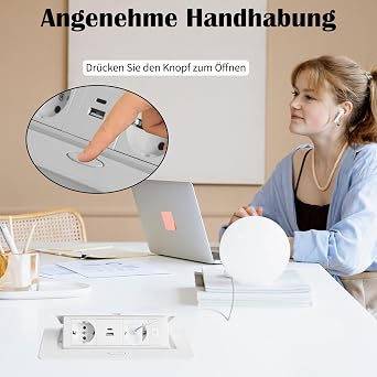 Retractable Desktop Socket with PD20W USB-C for Worktop White