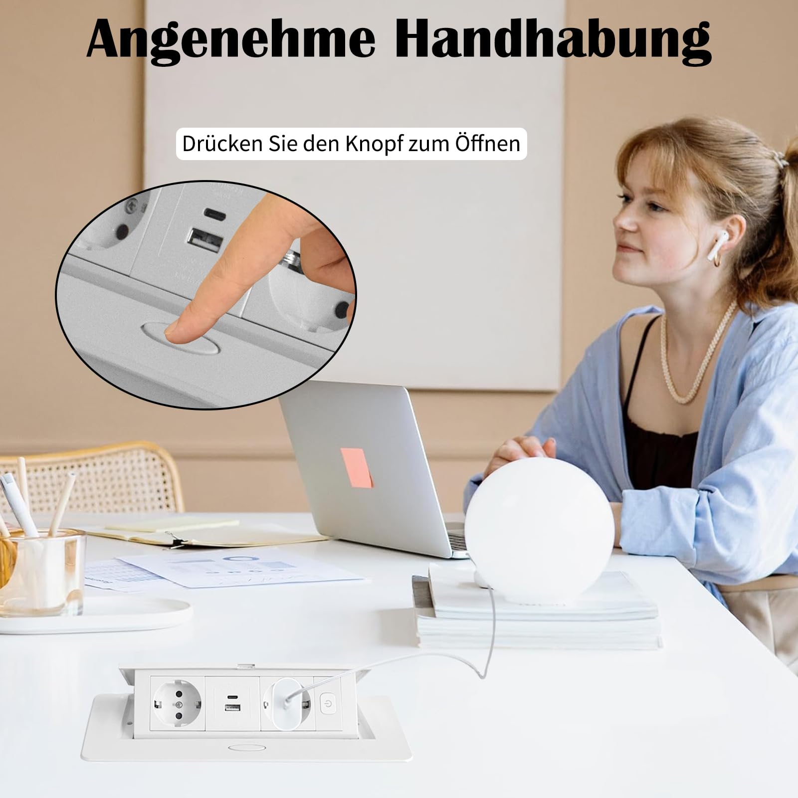Presa retraibile PD20W USB-C con ricarica rapida, presa da tavolo, presa a muro con interruttore per piano di lavoro della cucina, scrivania, Bianca