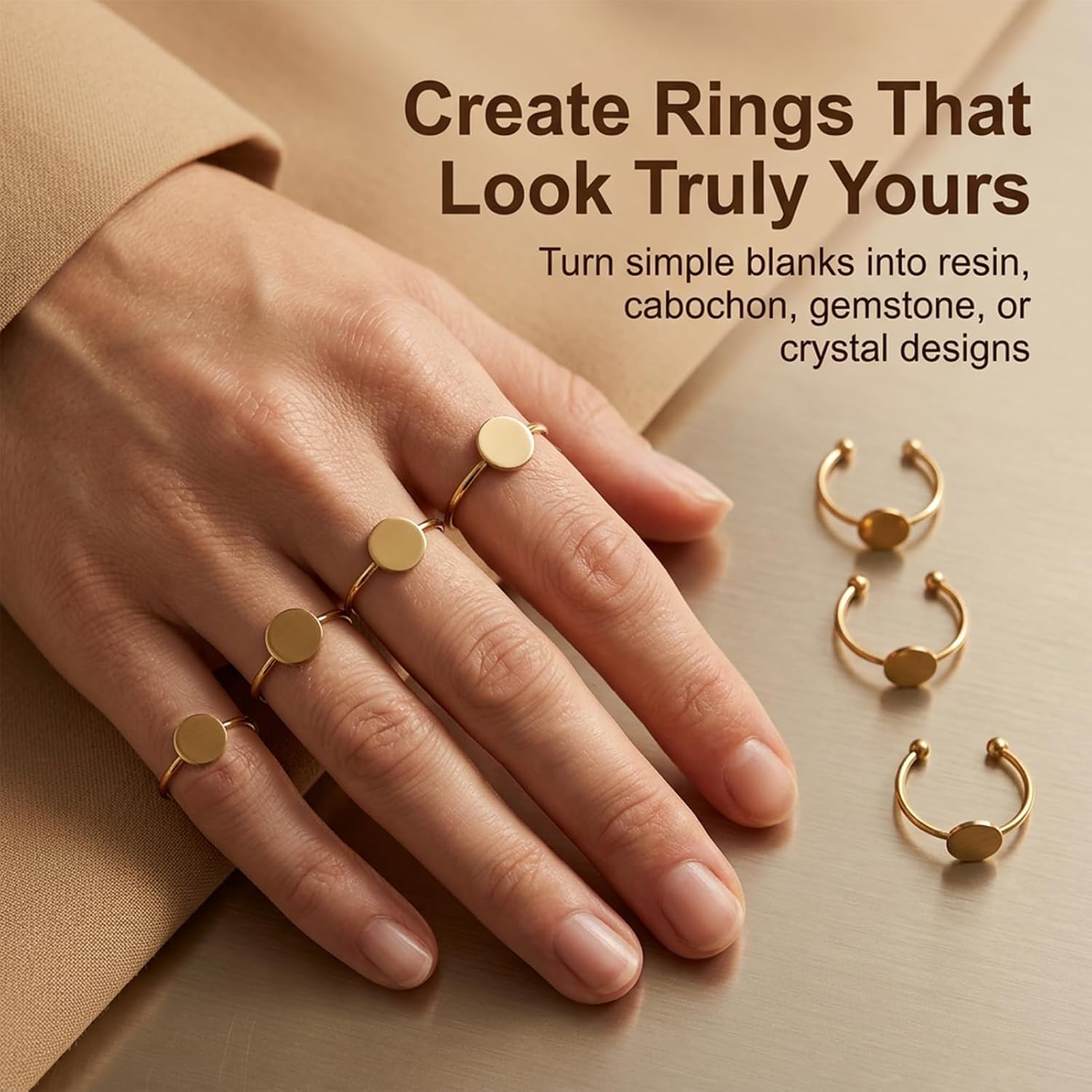 45 Pcs Adjustable Ring Blanks Stainless Steel, Flat Pad Tray Ring Base for DIY Jewelry Making, Open Band Fit Most Sizes, Durable Craft Findings Set for Resin Cabochon Gem Settings Gold Silver