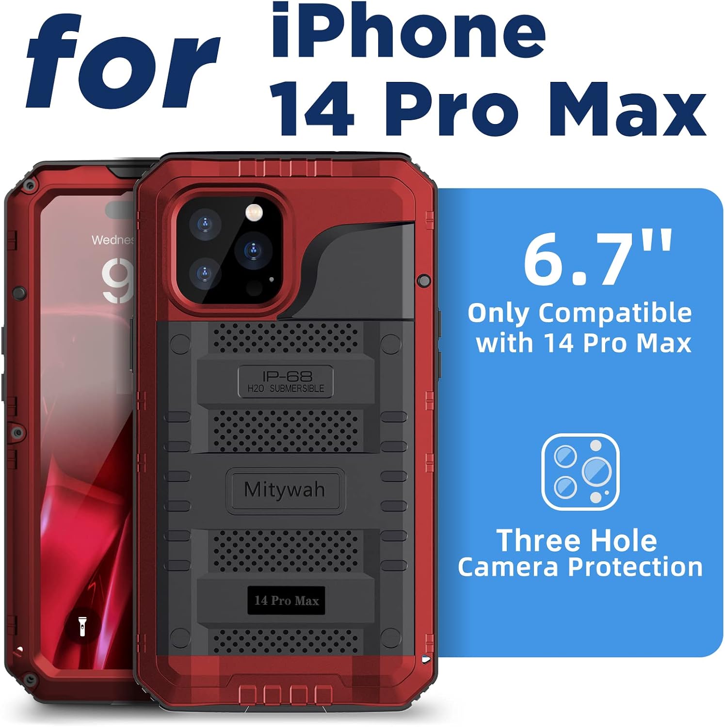Mitywah Waterproof Case for iPhone 14 Pro Max, Heavy Duty Shockproof Case with Built-in Screen Protector, Full Body Underwater Protective Metal Case 6.7 inch, Red