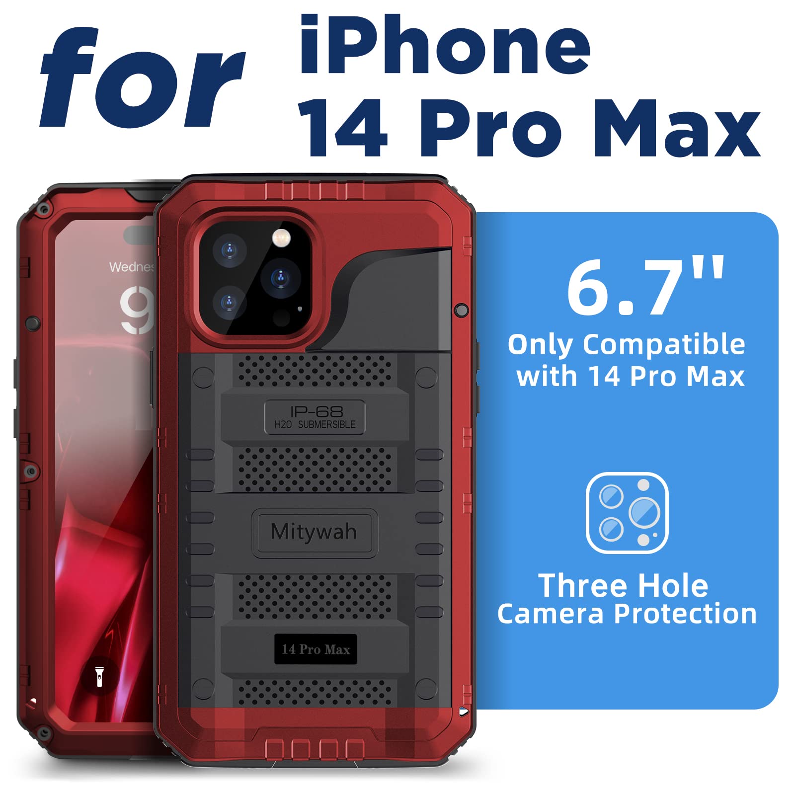 Mitywah Funda Impermeable para iPhone 14 Pro MAX, Funda Resistente a los Golpes con Protector de Pantalla Integrado, Carcasa de Metal de protección subacuática de Cuerpo Completo de 17 cm, Color Rojo