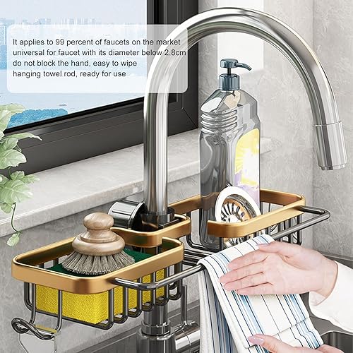 Miniatura 7 de Estante de almacenamiento para grifo, organizador de fregadero de cocina, organizador de plástico de aluminio, dos recipientes con barra de toalla