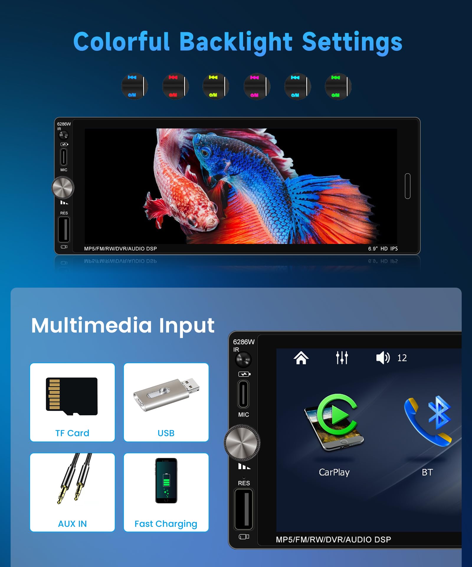 Rimoody Autoradio 1 Din Carplay Android Auto Wireless, 6.9'' IPS Touchscreen Stereo Carplay 1 Din con Mirror Link Vivavoce Bluetooth FM EQ Tipo-C USB Controllo del Volante Retrocamera Microfono