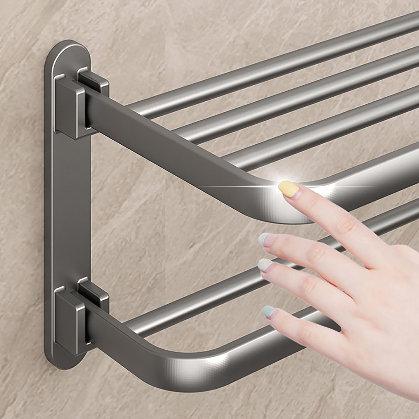 Porta Asciugamani Da Parete Senza Foratura - Doppio Braccio, Alluminio Nero 60cm, Adesivo Per Piastrelle - Foto 8