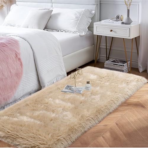Miniatura 2 de Alfombra beige esponjosa para dormitorio, alfombra de piel sintética de 2 x 6 pies para pasillo, alfombra de pelo suave para sofá, alfombra