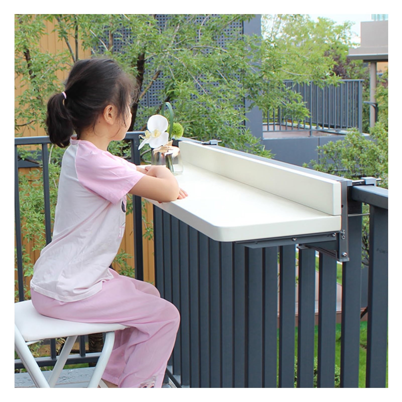 Mesa Plegable Ajustable para barandilla de balcón - Mesa Auxiliar de aleación de Aluminio para terraza, Mesa con Barra elevadora en Blanco y Negro, 100 x 39 cm (39,4 x 15,4 Pulgadas) - Muebl
