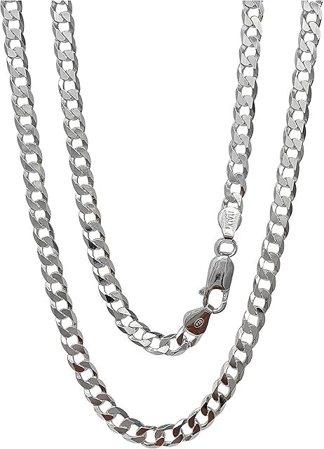 Amazon Brand - Hikaro Men's Women's Silver Chain Necklace, Stack, Layer, Pendant Chain - 925 Sterling Silver, 6.2mm Flat Curb Cuban Chain