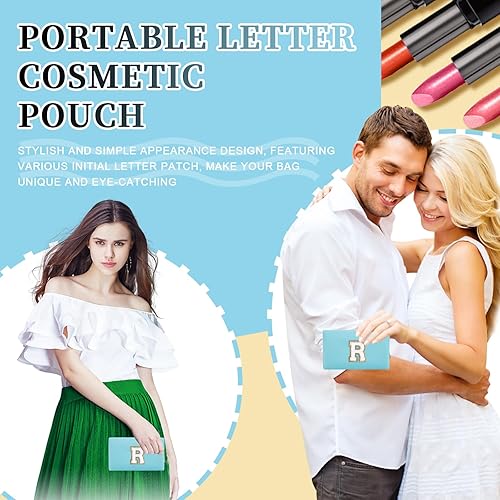 Miniatura 4 de Bolsa de maquillaje personalizada con parche de letra inicial, bolsa de cosméticos con cremallera, Letra azulblanca, Moda