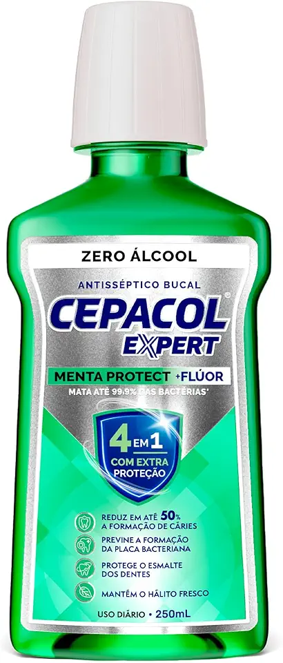 Cepacol - Enxaguante Bucal Expert Menta Protect - Sem Álcool, Com Flúor, Refrescante e Anticáries - 250ml