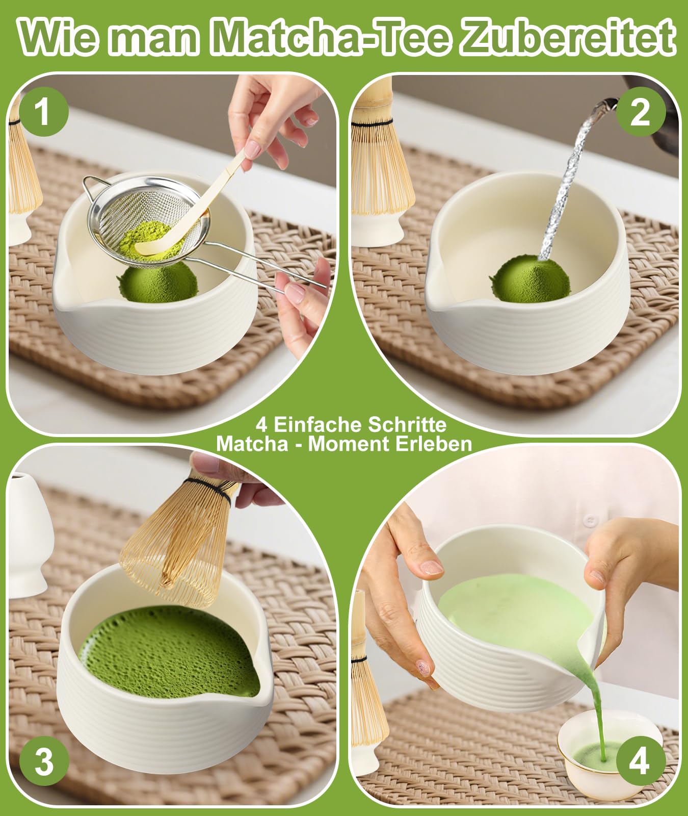 JBER Zestaw do matcha 7-Częściowy - Bambusowy mikser do matchy, ceramiczna miseczka z nalewką, sitko do matchy - Kompletny zestaw do herbaty matcha, Beżowy Biały