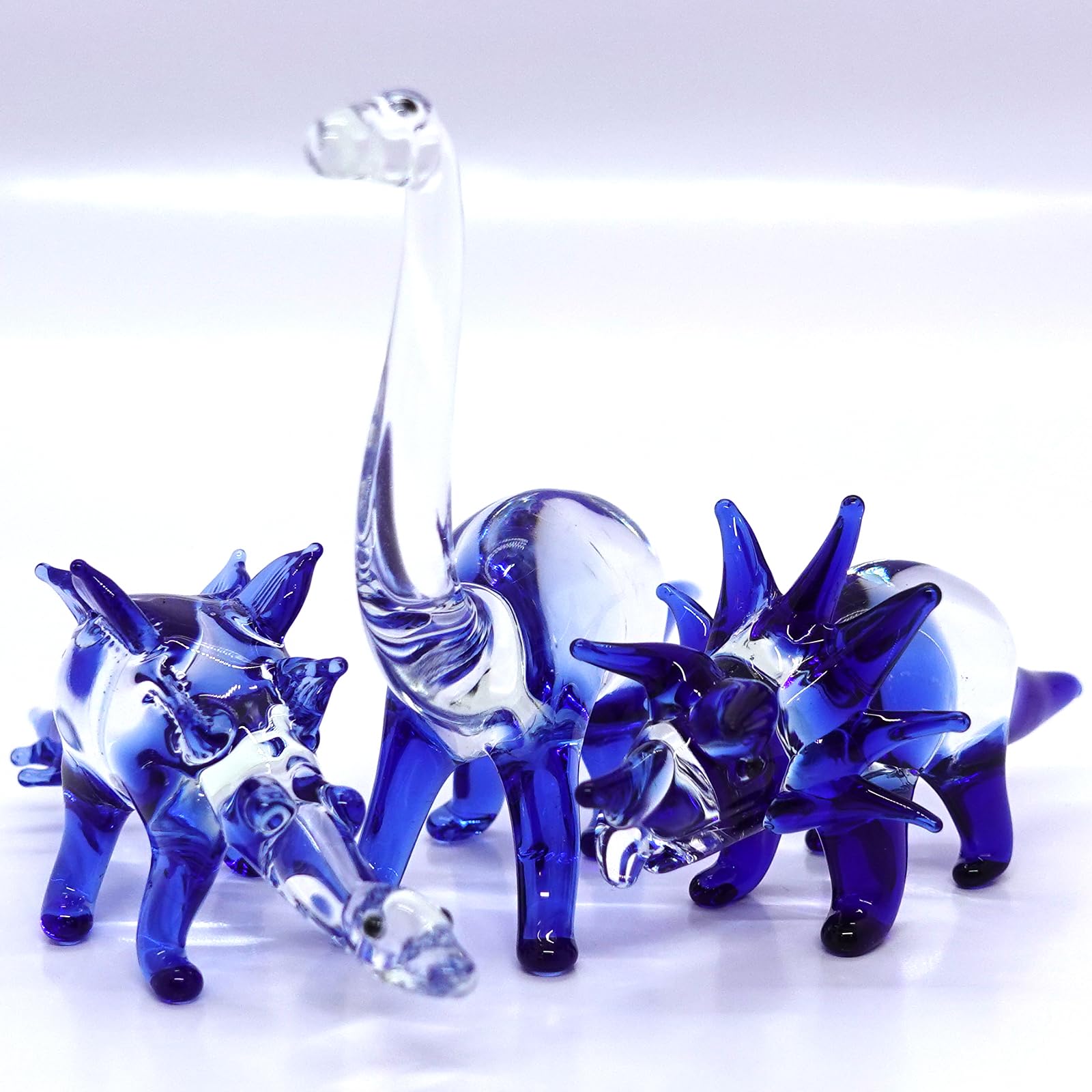 Sansukjai Set 3 Dinosaurs Miniature Figurines Hand Painted Blown Glass Art Animals Collectible Gift Home Decor, Clear Blue