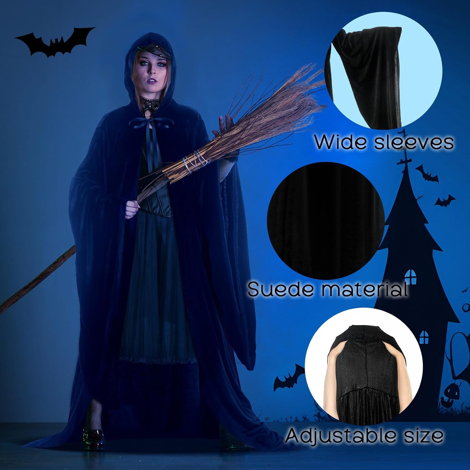 Tarpop 63 Inch Black Velvet Wizard Robe Witch Cloak for Women Renaissance Long Halloween Hooded Black Cape for Men Halloween Cosplay Costume