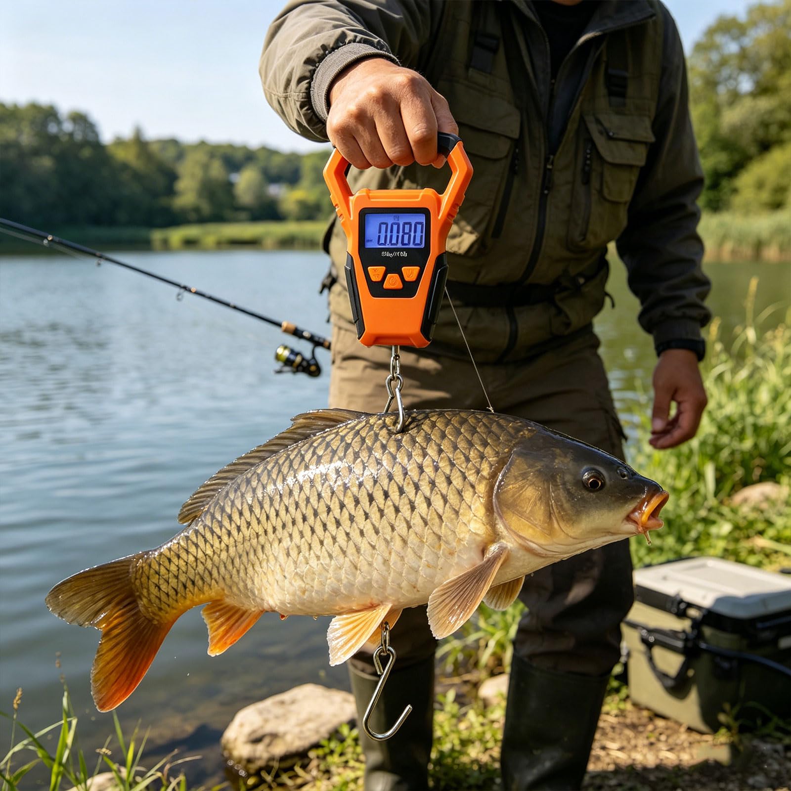 Bilancia digitale LCD retroilluminata con schermo elettronico da pesca, 50 kg, bilancia da appendere, con metro a nastro e gancio, impermeabile