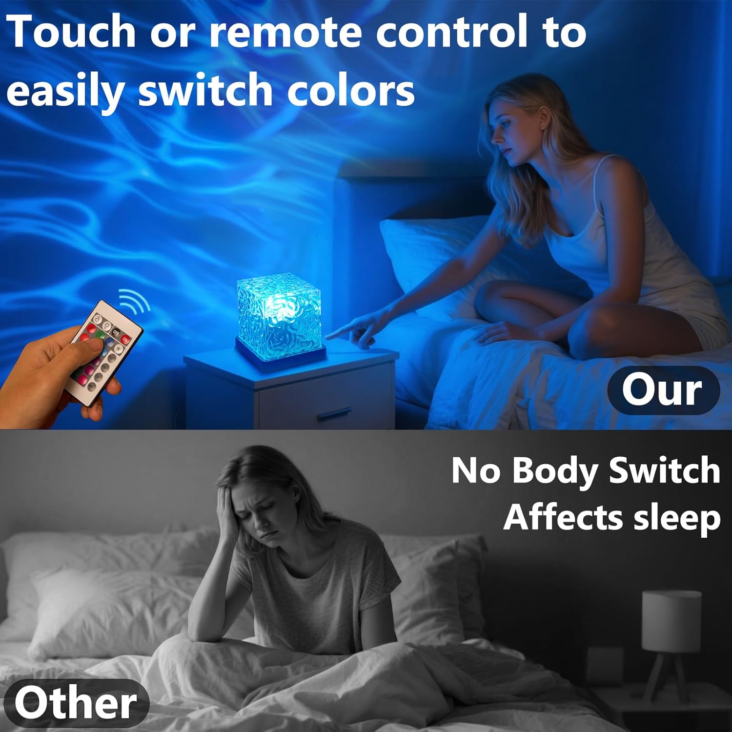 Ocean Wave Lights Projector Rechargeable, Touch Cube Color Changing Light with 16 Colors 4 Modes Dimmable Cordless Mood Lamp for Shower, Ambient Lighting for Bedroom and Bathroom