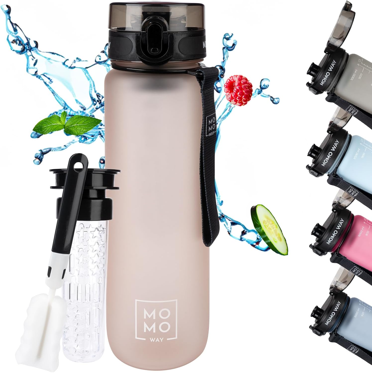 Soskakiist MOMO WAY Water Bottle 1000 ml, BPA-Free Tritan Water Bottle with Fruit Container and Bottle Cleaner, with 1-Click Closure, Sports Bottle for School, Work, Outdoor, Powder Pink