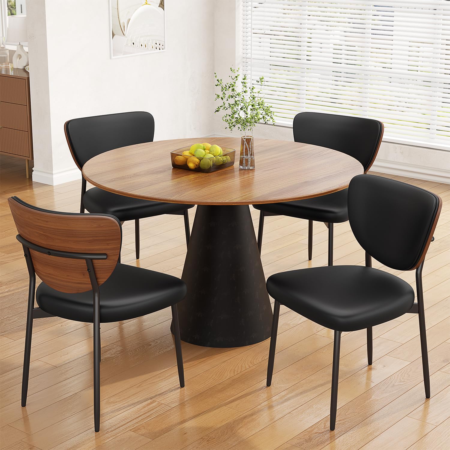 REONEY Dining Chairs Set of 4, Modern Faux Leather Upholstered Kitchen Chairs with Walnut Bentwood Back and Enlarged Seat Cushion, Metal Legs for