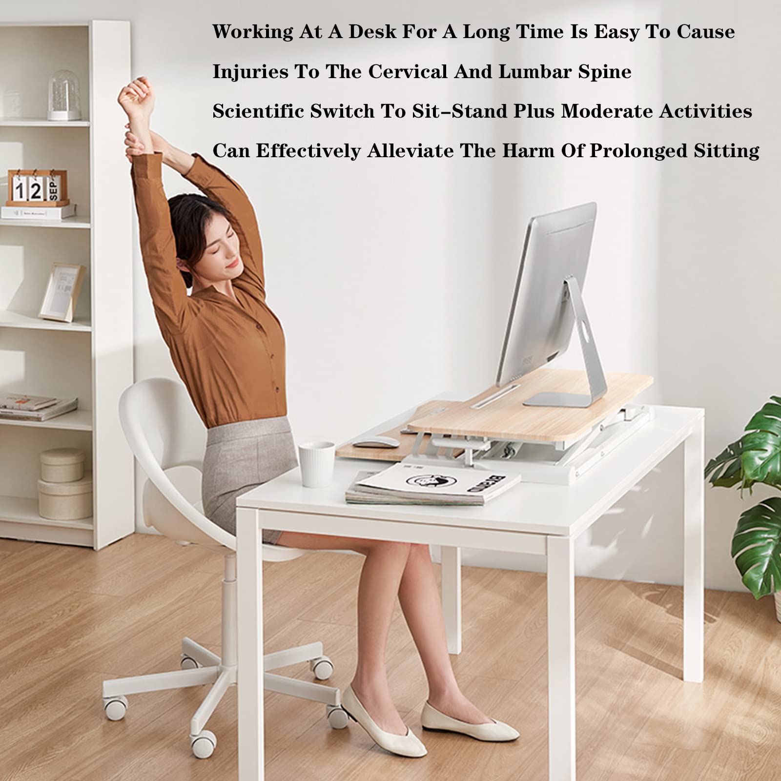 Convertisseur de Bureau, Convertisseur de Bureau Assis-Debout 40 x 80 cm, réglable, Compatible avec Deux écrans d'ordinateur Portable 5,1 à 20 Pouces, Couleur érable