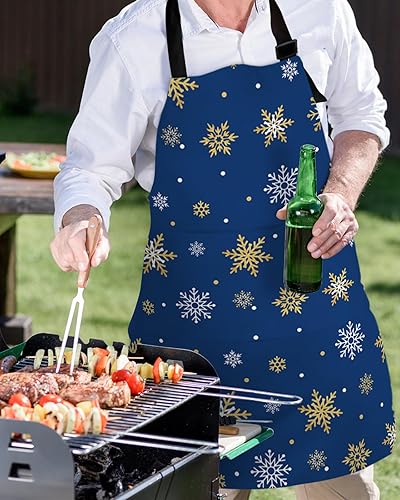 Miniatura 5 de Navy Blue Christmas Snowflake Bib Aprons with Pockets Waterproof, Adjustable Apron for Men Women Yellow White Xmas Winter Snowflake