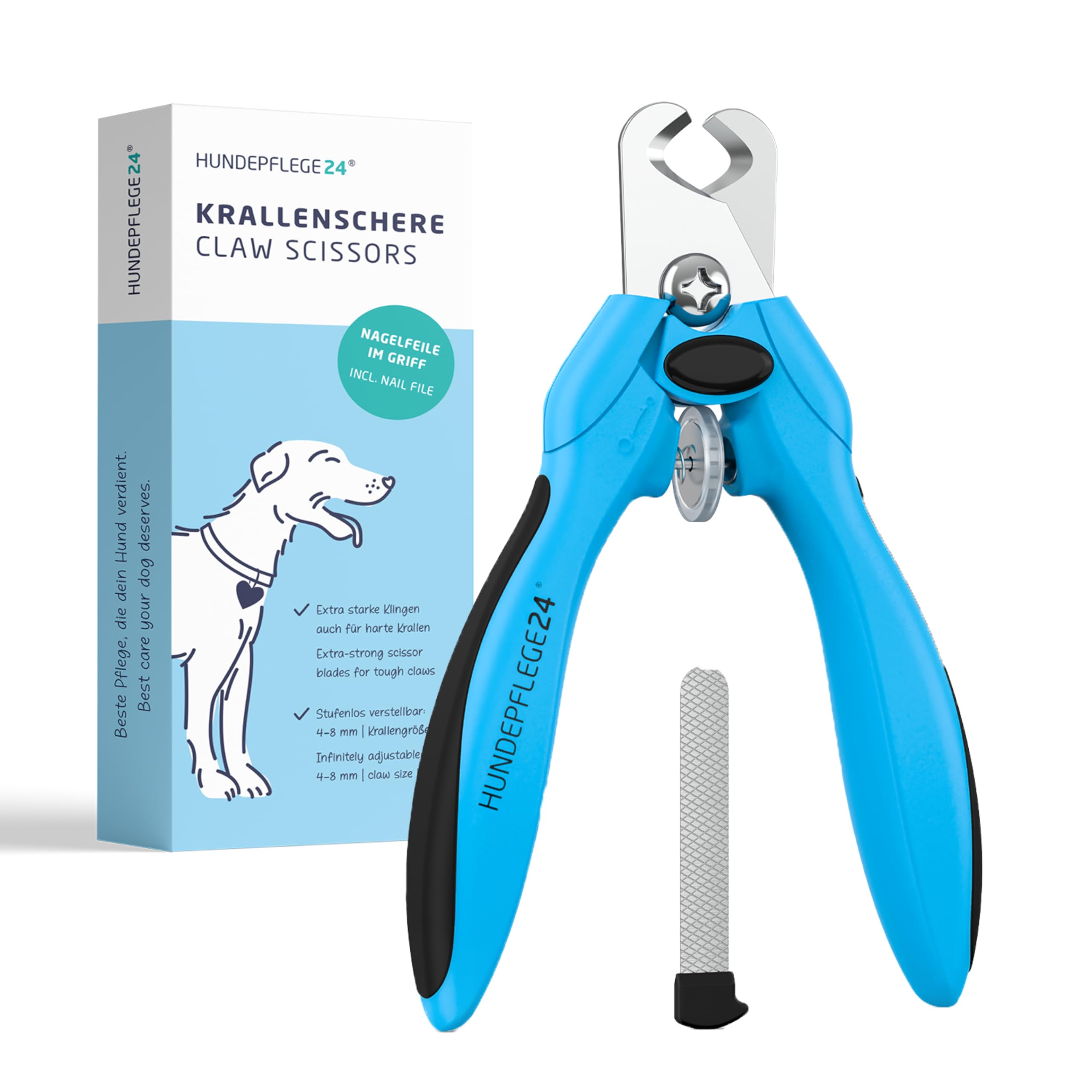 Hundepflege24 cortauñas Perros y Gatos - Apertura graduable 4-8mm con Lima incluida - Cuchillas de Acero Inoxidable Ultra Resistentes, también para uñas duras - cortauñas Perro Grandes y pequeños