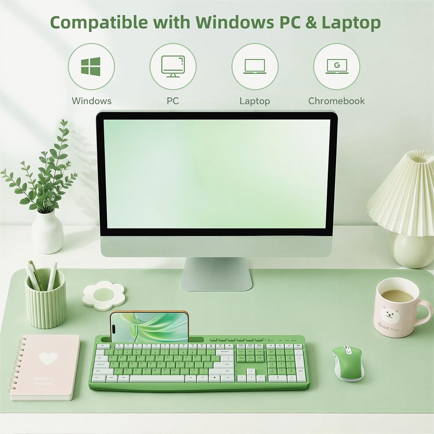 Green Wireless Keyboard and Mouse Combo with Phone Holder, 2.4G Quiet Keys | Silent Keyboard, 3-Level DPI Quiet Mouse, 12 Hotkeys, Full Size, Ergonomic for Office/Home/Work, For Windows PC Laptop, WK210