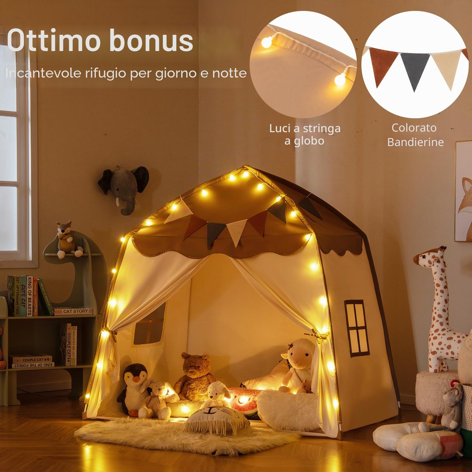 HOMASIS Capanna per Bambini da 3 a 12 anni, Tenda per Bambini con Bandierine e Lucine da Interno ed Esterno, Casetta da Gioco con Finestre da Cameretta, 157 x 98 x 148 cm (Marrone)