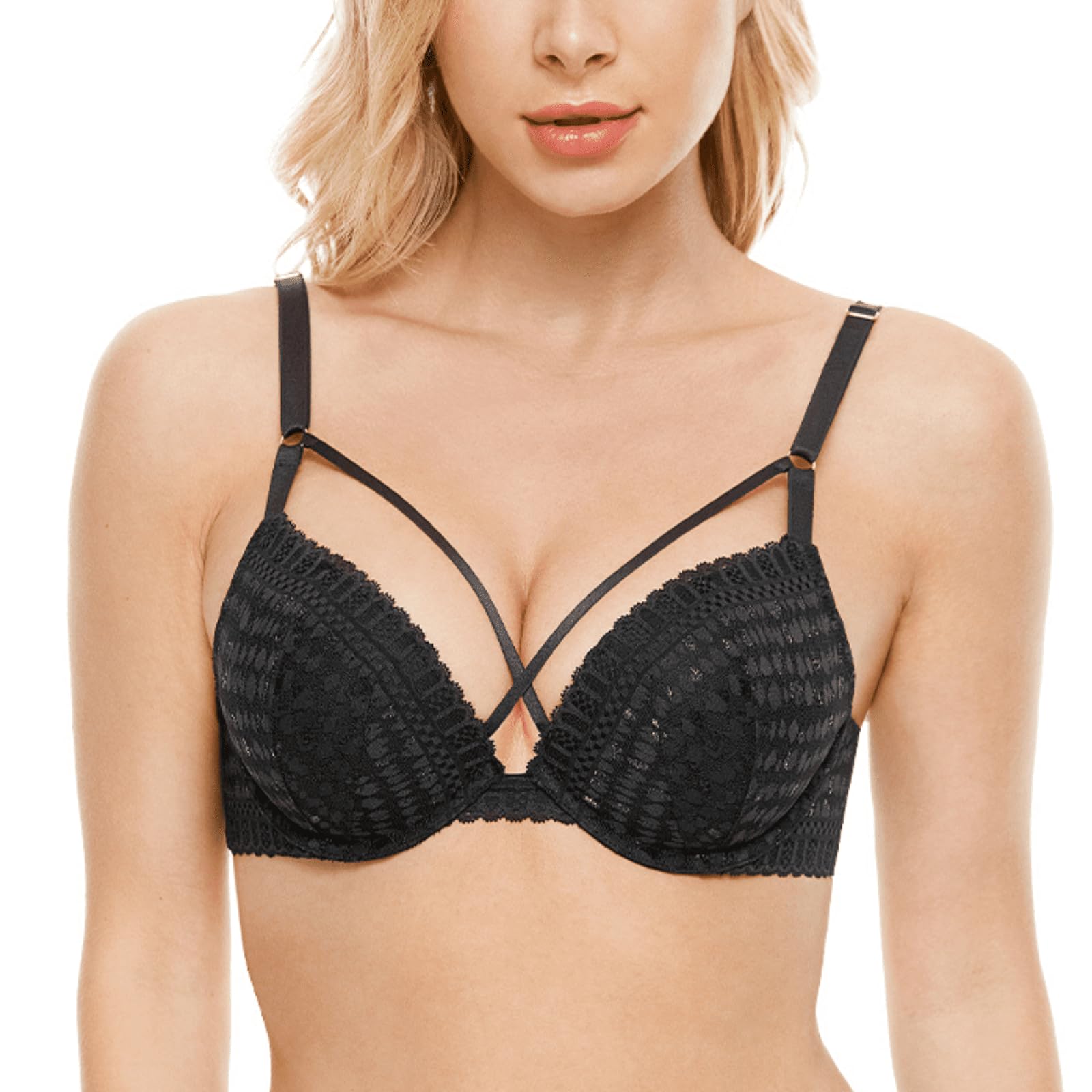 Deyllo Womens Push Up Strappy Lace Underwire Padded Bra Add One Cup