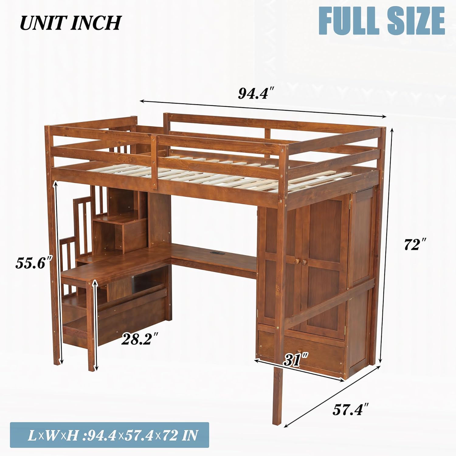 Full Size Loft Bed with Desk, Wardrobe, Book shelves, Drawer and Stairs, Wooden Loft Bed Frame with Built-in Staircase with Storage Shelves, Safety Guardrails and Solid Slats, Walnut