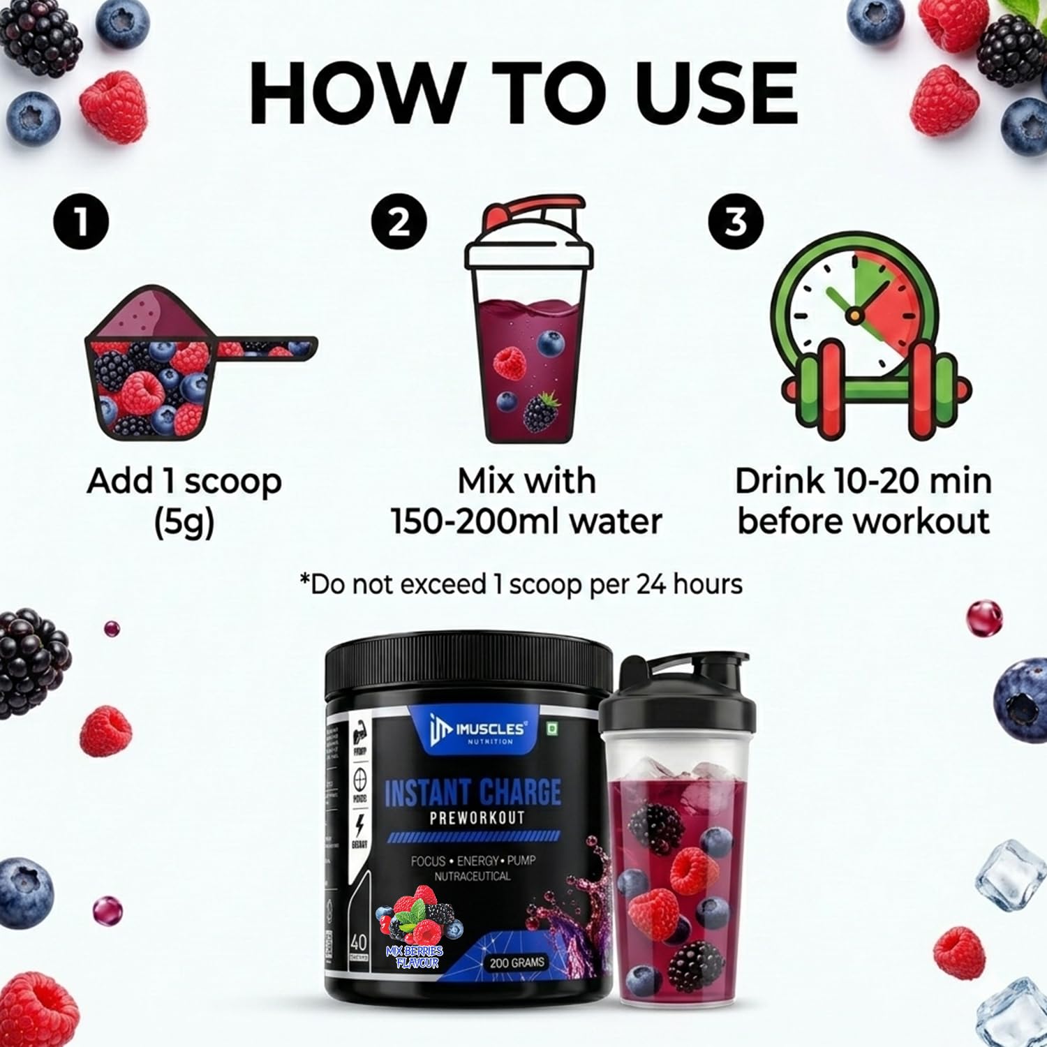 Instant Energy Pre Workout (200gm, 40 Servings, Mix Berries) Supplement Powder with Creatine Monohydrate, Arginine, Beta-Alanine, Electrify Muscle Pump, for Men, Women — Amazon image 3