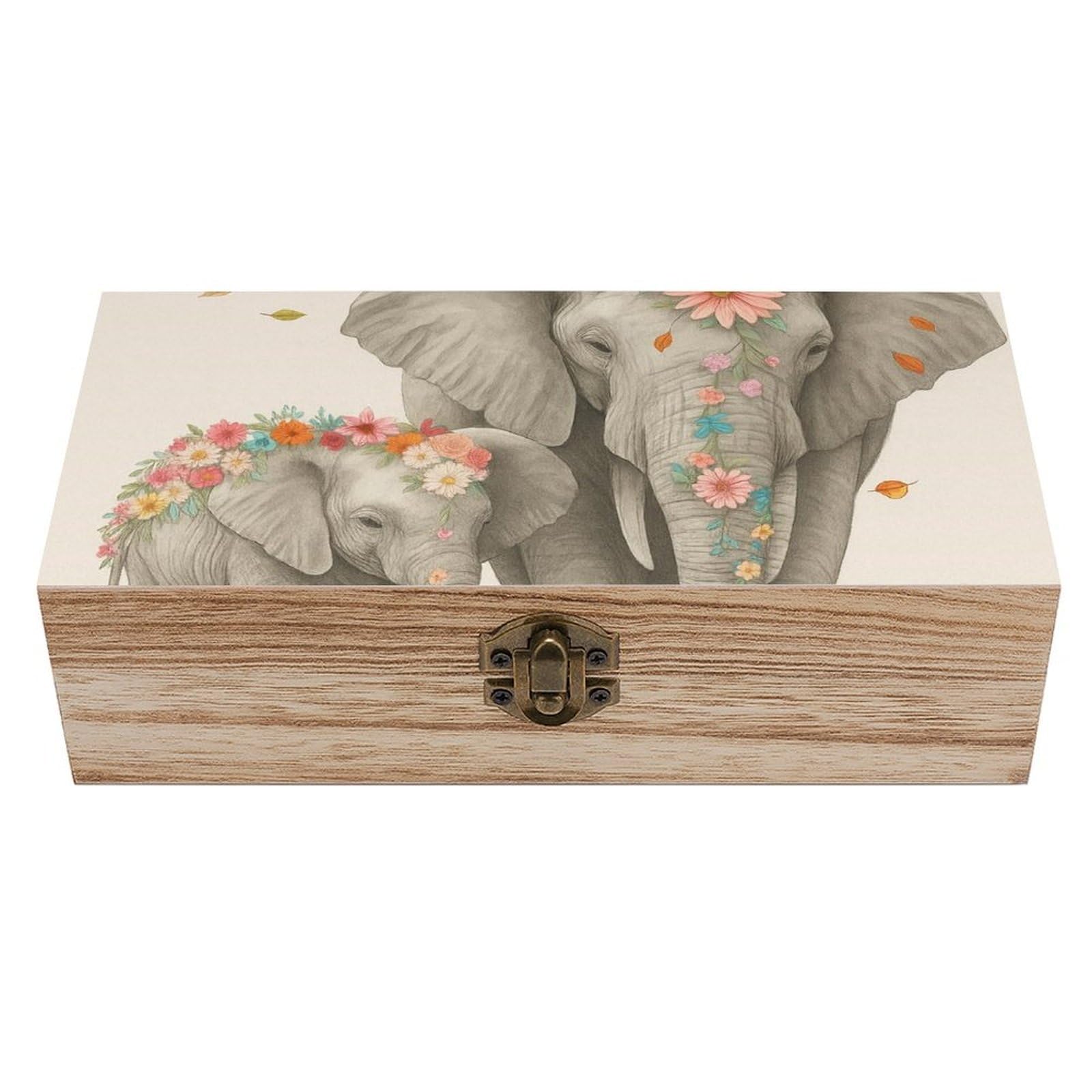 SMAZDFXX Pretty Elephant with Floral Strolling Wooden Storage Box Multipurpose Decorative Box for Jewelry Photo Home Decor