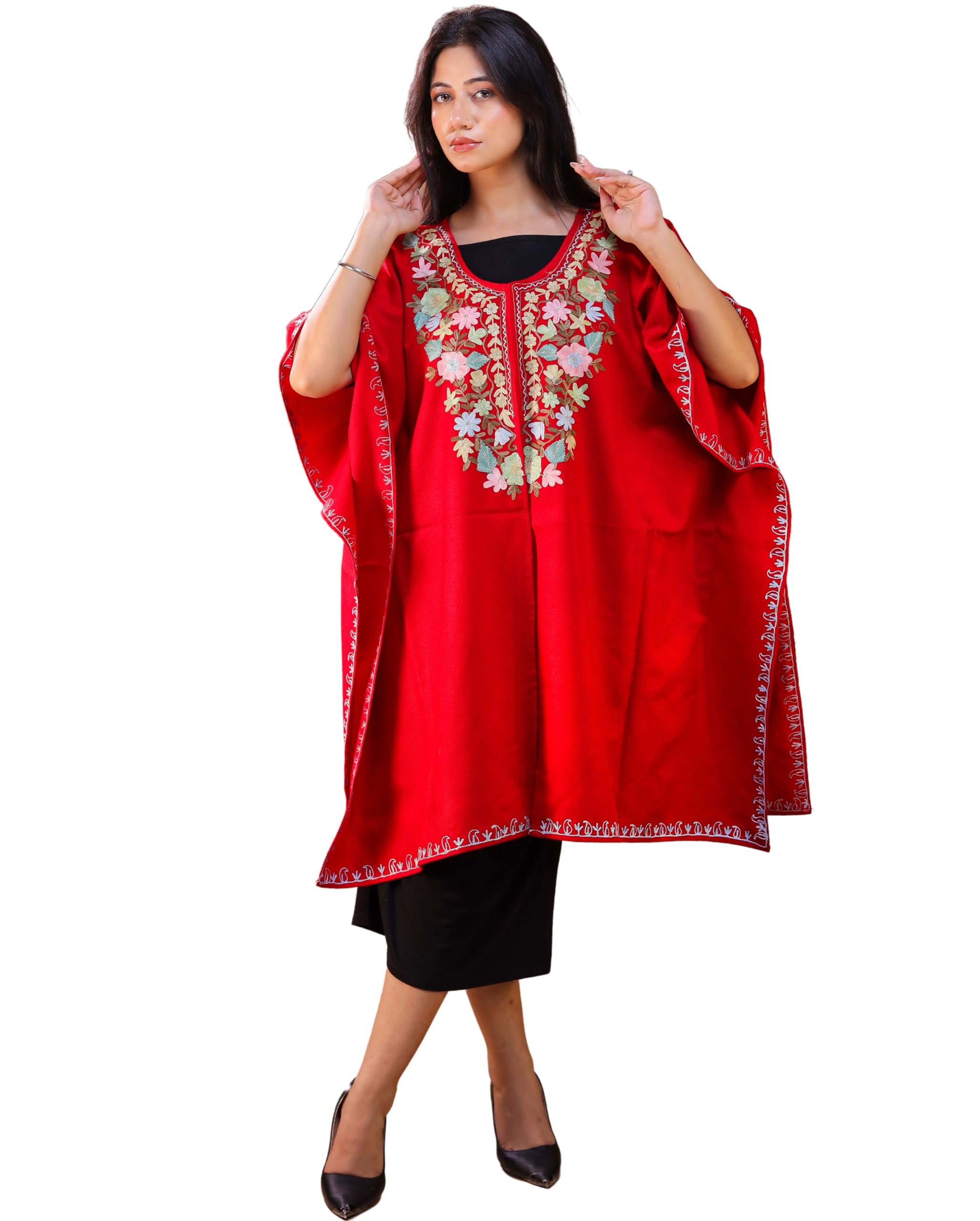 swi with label Women's Black Aari Work Yoke Design Kashmiri Embroidered Pheran KF1_Red-picture-22