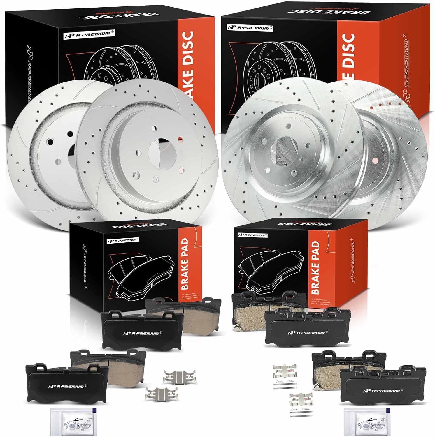 A-Premium Front and Rear Drilled and Slotted Disc Brake Rotors + Ceramic Pads Kit Compatible with Select Infiniti Models - Q50 2014-2022, Q60 2017-2022, M37, M56, QX70, Q70, Q70L, FX50, 12-PC Set