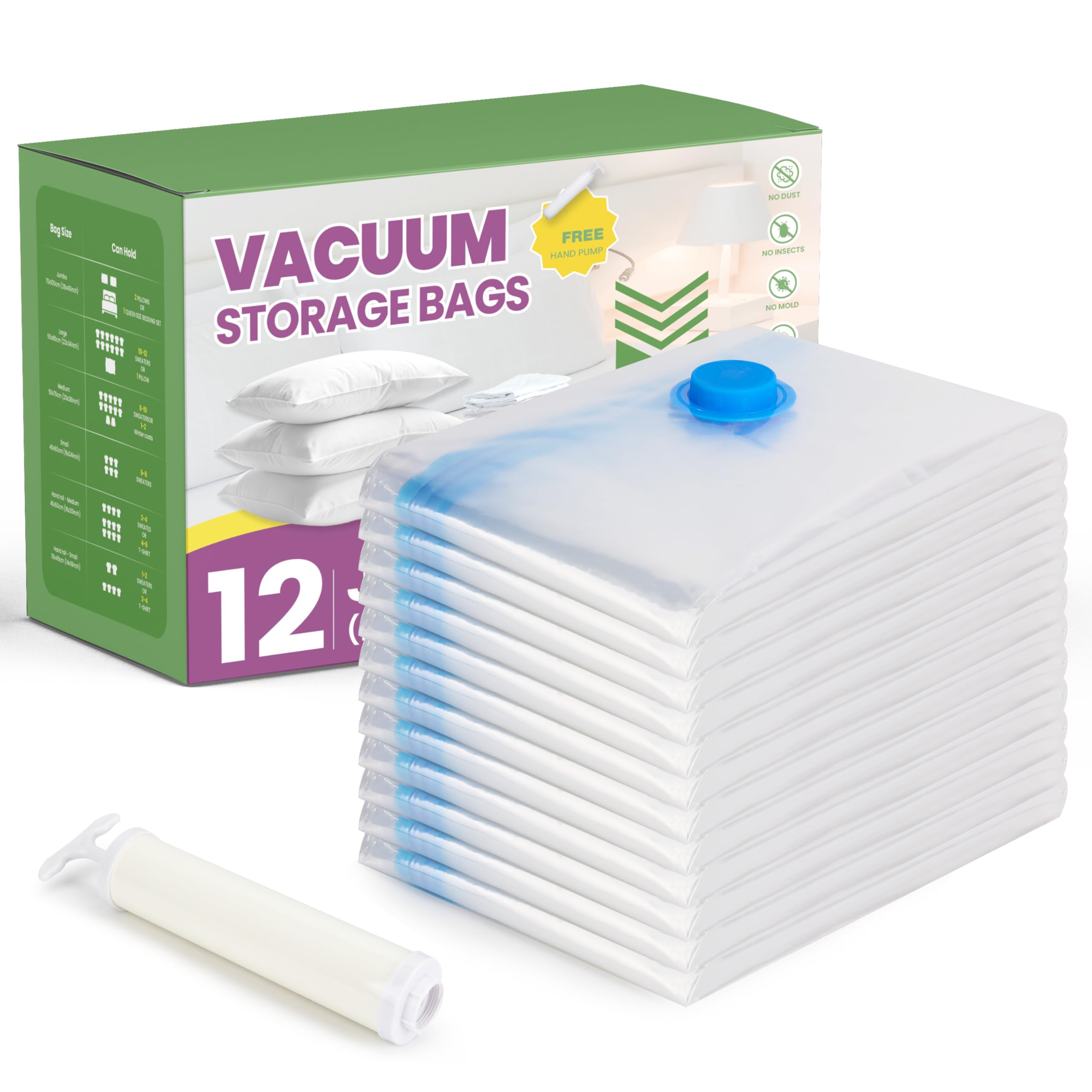 Space Bags Vacuum Storage Bags (Jumbo 12 Pack) Save 80% Space - Vacuum Bags for Comforters and Blankets, Bedding, Compression Seal for Closet Storage - Pump for Travel