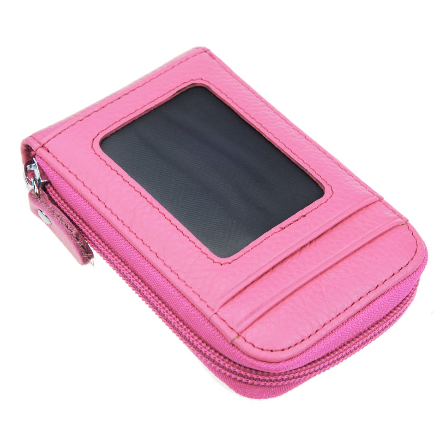 RFID Blocking Genuine Leather Mini Credit Card Case Organizer Compact Wallet with ID Window - Pink
