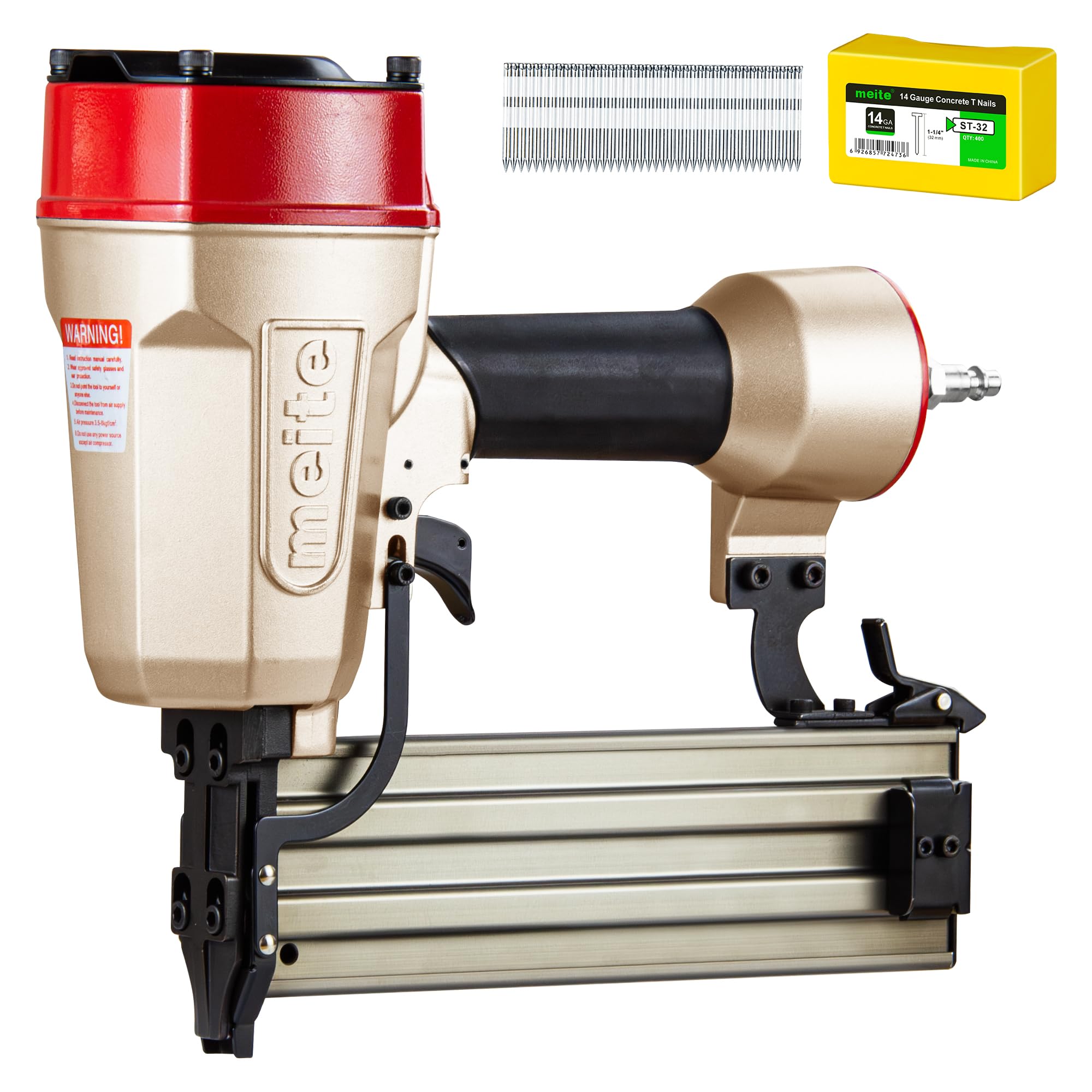 meite Pneumatic Concrete T Nailer with 400 PCS 1-1/4 Inch Concrete Nails, 14 Gauge Heavy Duty Air Concrete Nail Gun, Compatible with 14 Gauge 3/4 Inch to 2-1/2 Inch Concrete T Nails (ST64E)