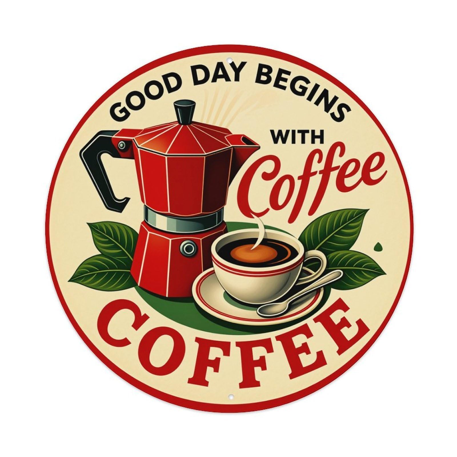 Coffee Pot Cup Leaves Text Round Tin Sign Retro Metal Sign for Cafe Bar Pub Home Game Room Gym Club Wall Decoration Vintage Metal Poster 8x8 Inch