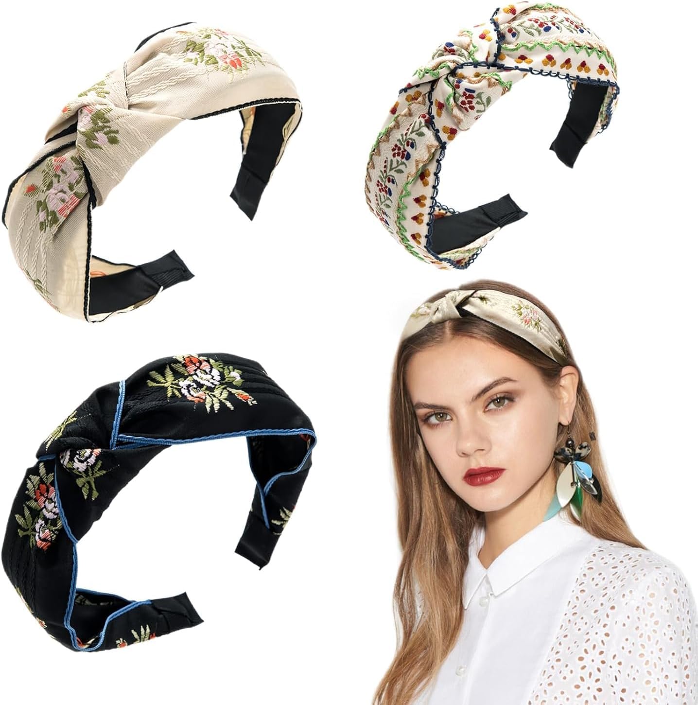ChicAbode Boho Wide Knotted Headbands, 3Pcs Floral Embroidered Headband for Women Girls,Non Slip Vintage Top Knot Hair Bands Ethnic Style Hair Hoops Fashion Turban Hair Accessories