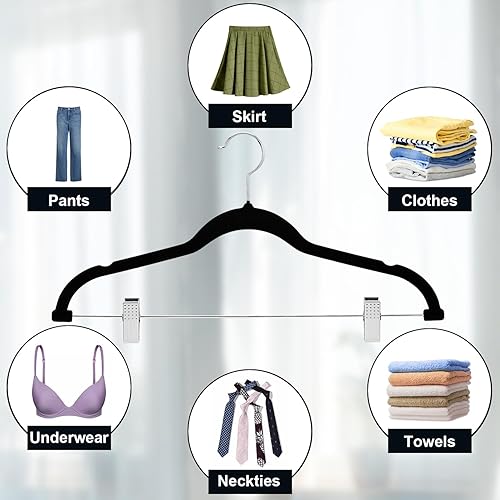 Miniatura 4 de Paquete de 30 perchas de terciopelo, perchas POZEAN para pantalones con clips ajustables, perchas para faldas, perchas de fieltro, ahorran espacio