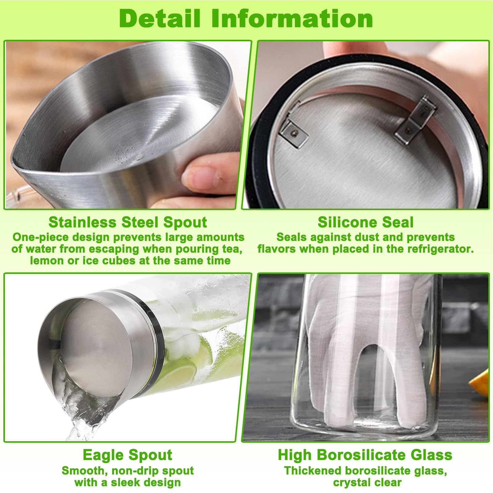 1L Caraffa Vetro con Versatore e Coperchio Acciaio Inox, Bottiglie Borosilicato Resistente, Bottiglia Succo Refrigerante, Brocca Acqua per Latte, Bevande, Ghiacciate, Limonata, Succo Frutta