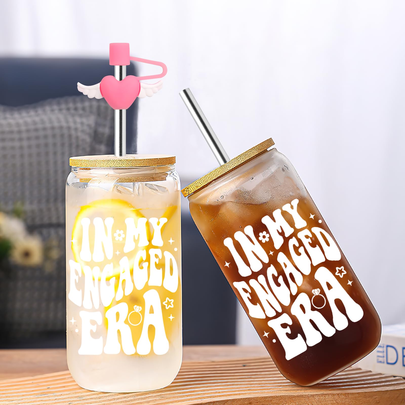 Ninivi Engagement Gifts 16 Oz in My Engaged Era Glass Cup with Lids and Straws Cover Engagement Gifts for Couples Engagements Present Bride to Be Gift Personalised Engaged Gift - Image 3