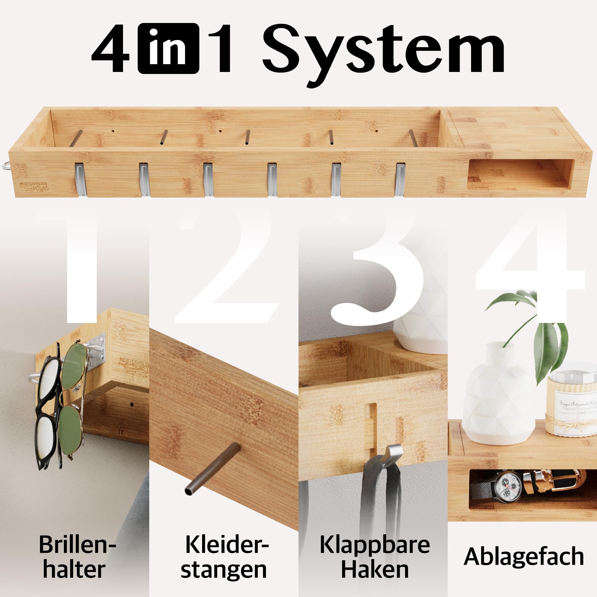 Wandgarderobe Holz – Platzsparende 4in1 Garderobe - 100cm | Garderobenpaneel mit Ablage, Haken, Kleiderstangen, Brillenhalter – Garderobenleiste für Flur, Schlafzimmer, Wohnzimmer