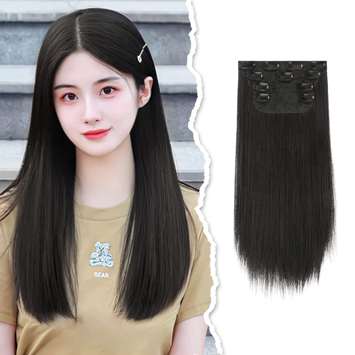 Peacoco 襟足ウィッグ 4枚セット 40/50/60cm クリップ式 エクステ ワンタッチ サラサラ 自然 普段使い向け 装着簡単 ストレート ロング ワンタッチエクステ ハーフウィッグ つけ毛