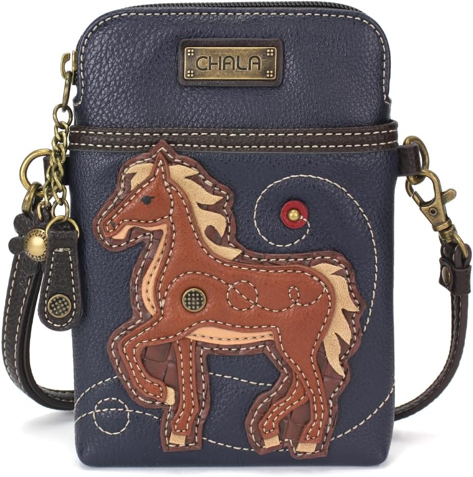 CHALA Crossbody Cell Phone Purse | Women's Multi-Color Wristlet Handbags with Adjustable Strap (Navy_ Horse Brown)
