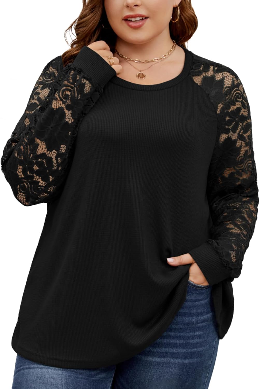 SCOMCHIC Plus Size Tops for Women Elegant Lace Long Sleeve Blouses Crew Neck Fall Dressy Shirts Loose Casual Tunics Tops