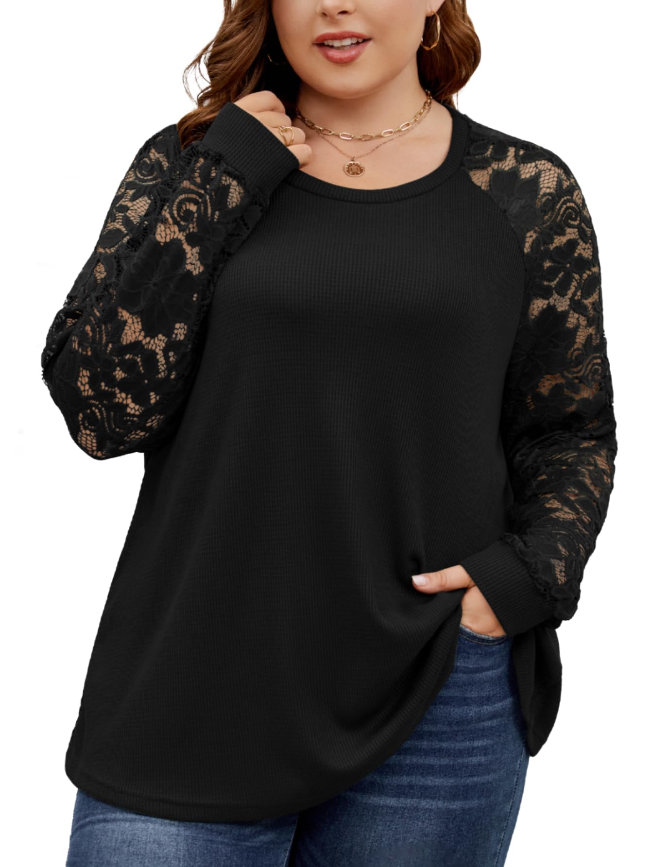 SCOMCHIC Plus Size Tops for Women Elegant Lace Long Sleeve Blouses Crew Neck Fall Dressy Shirts Loose Casual Tunics Tops