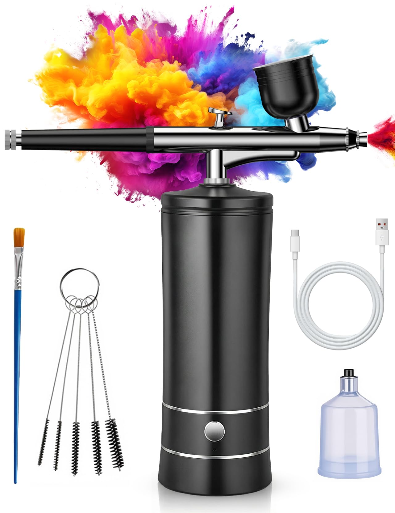 Kit aérographe avec compresseur sans fil, Standard | 800 mAh, 6-8 μ brume fine, 160-200 kPa, Double action, 3 gobelets Type-C pour nail art, maquillage, gâteaux, modélisme
