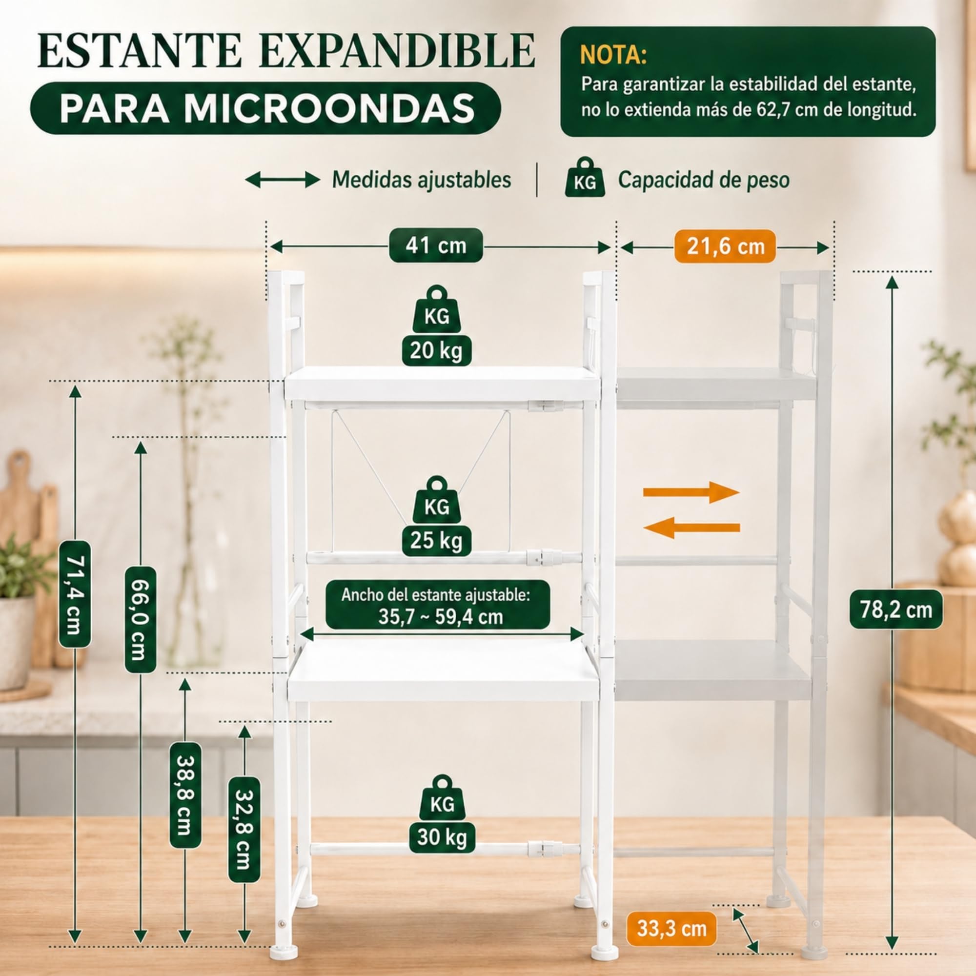 UZIRO Estante Microondas Extensible de 2 Niveles, Ajustable de Acero al Carbono, Capacidad por Niveles hasta 30 kg, Incluye 4 Ganchos, Soporte Microondas Encimera, Estanteria Cocina Encimera