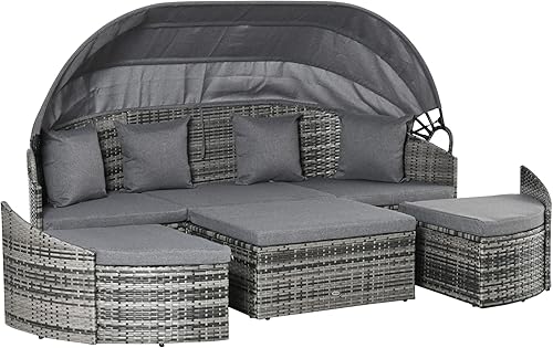 Miniatura 10 de Outsunny Juego de muebles de ratán para exteriores de 4 piezas sofá cama redondo convertible para patio o cama solar sofá modular con toldo
