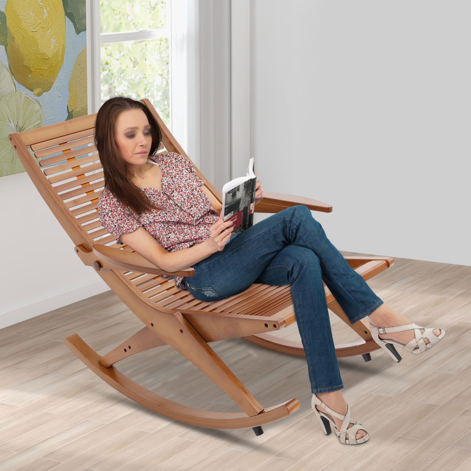 Bambusowy fotel bujany z ergonomicznym siedziskiem, obciążenie do 150 kg, swobodne kołysanie, do salonu, sypialni i na balkon, eleganckie wzornictwo w kolorze brązowym, 54,8 x 92 x 75,5 cm