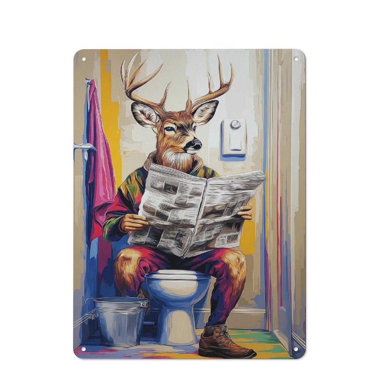 Junmoney Deer Reading Newspaper In Bathroom-1 Vintage Metal Wall Sign 40X30cm For Bar Or Restaurant, For Kitchen, Dining Room And Home Bar Wall Decor