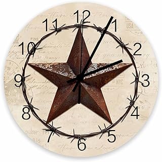 Vintage Star Wall Clock Silent Non Ticking, Texas Farmhouse Star Vintage Rustic Wood Grain Clock, Battery Operated Quartz Wooden Round Wall Clocks Decorative for Living Room/Kitchen/Office 12 Inch